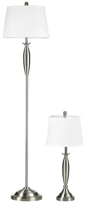 Immagine prodotto di Set di 3 lampade: lampada da terra + 2 lampade da tavolo | Colore: argento e bianco | Dimensioni: 38x38x162 cm