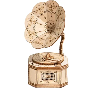 A 3D wooden puzzle gramophone on a white background.