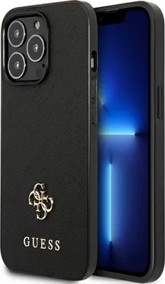 A black iPhone case with a gold Guess logo and text.