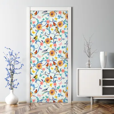 Produktbild von Dekorative Abnehmbarer Wandsticker Türtapete selbstklebend Klebefolie Bunte Vögel Blumen 85 x 200 cm