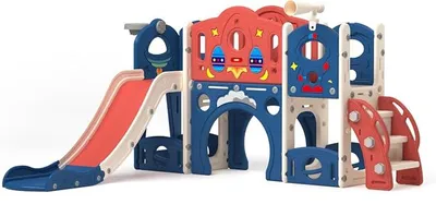 Productafbeelding van Glijbaan voor peuters, 9-in-1, geschikt voor binnen- en buitengebruik, met basketbalring, telescoop, tunnel, opbergruimte. Geschikt voor kinderen vanaf 3 jaar