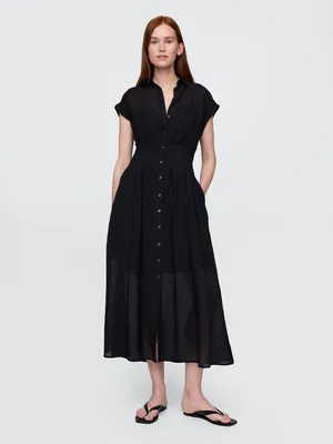 Produktbild von GAP Damen Hemdblusenkleid in Midi-Länge mit kurzen Ärmeln, Schwarz, Größe XXS