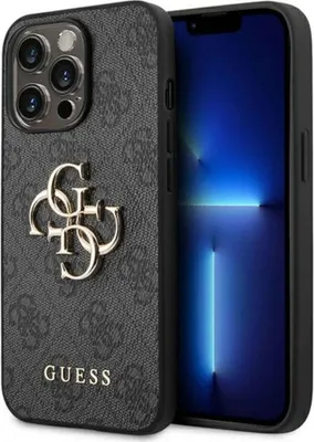 Produktbild von Guess, Hülle für iPhone 14 Pro mit Monogramm und 4G-Logo aus Metall, Dunkelgrau