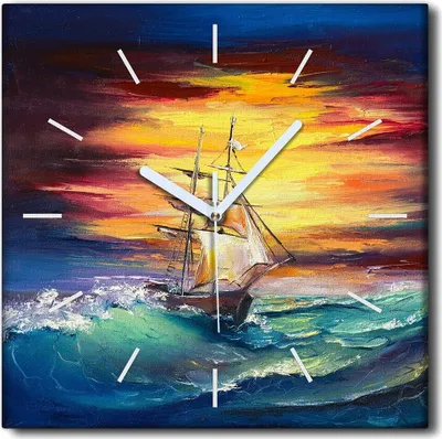 Produktbild von Coloray Uhr auf Leinwand 30x30 cm Wand Uhr Dekoration Wohnzimmer Segeltuch weiße Zeiger -Wellen Schiff Wasserhimmel