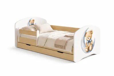 Image de Lit junior 140 x 70 cm « Happy » avec coffre de rangement | Lit d'enfant avec barrière de sécurité |Reproduction « Poirier clair » pour chambre d'enfant