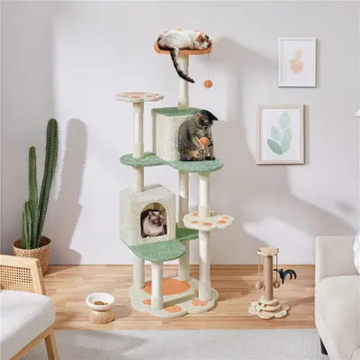 Produktbild von Yaheetech 5-stufiger Kratzbaum Katzenbaum mit Pfotenmuster, 164 cm hoch, mit Katzenhöhlen Aussichtsplattform & Plüschball, Beige/Grün