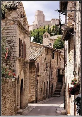 Produktbild von Wallario Wandbild Italienische Gasse, Größe: 70,30 x 100,30 cm, Poster mit schwarzem Aluminiumrahmen