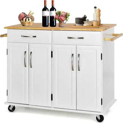 Produktbild von Küchenwagen mit Arbeitsplatte, Servierwagen mit Rollen, Küchenschrank mit 2 Schubladen & 2 Handtuchhaltern & 4 Türen,122x48x92,5 cm, Weiß
