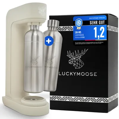 Produktbild von Luckymoose Infinity Wassersprudler mit 2x 1,25L langlebigen, spülmaschinenfesten Edelstahlflaschen – CO₂-sparende Sprudelwasser Maschine
