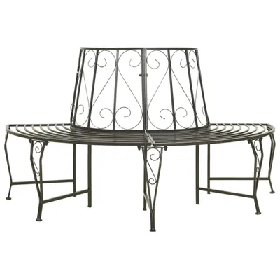 A black metal garden bench designed to surround a tree.