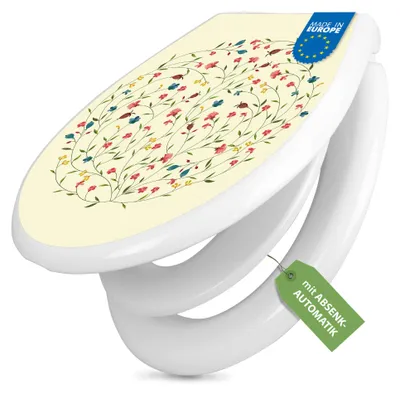 Produktbild von banjado Familien WC Sitz weiß mit Kindersitz und Absenkautomatik und Motiv Blumenreigen [TDWK 10755]