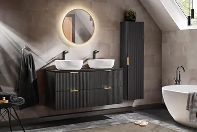 Produktbild von Badezimmer-Set 120 Cm, Schwarz Matt, Mit Led-Spiegel Und Aufsatzwaschbecken