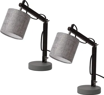 Produktbild von BRUBAKER 2er Set verstellbare Leselampen Schlafzimmerlampen Tischleuchten - bis 52 cm Höhe - Holzarm Schwarz - Textilschirm Grau