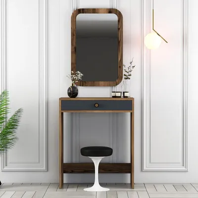 Image de Coiffeuse avec Miroir - 70 x 40 x 85 cm - Noyer et Anthracite