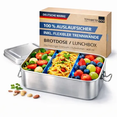 Produktbild von Lunchbox Brotdose Auslaufsichere Brotzeit-Dose Edelstahl Fächer Brotbox 1400 ml