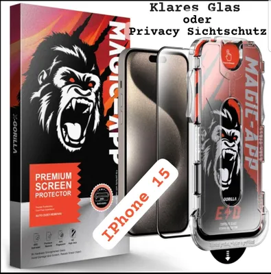 Product packaging and accessories for an iPhone 15 screen protector.