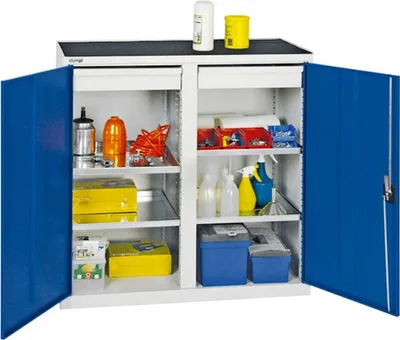 Produktbild von Werkzeugschrank mit 2 Türen | HxBxT 100x100x50cm | 2 Schubladen & 4 verzinkte Fachböden | Lichtgrau/Enzianblau