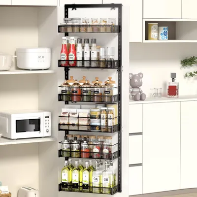 Produktbild von Türgewürzregal, verstellbares Hängeregal mit 6 Ebenen, Vorratskammer-Organizer mit Haken für jede Ebene, Türorganizer aus Metall für Badezimmer, Küche und Speisekammer (schwarz)