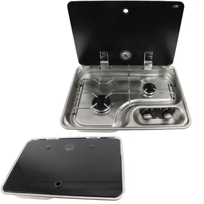 Produktbild von Can 2 Flammen Gas Kocher Kochfeld Kochmulde elektr. Zündung + Glasdeckel 460 x 335 mm