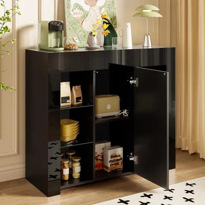 Produktbild von MODFU Wohnzimmerschrank Modern Buffetschrank Hochglanz Front,Beistellschrank Glasregalen Schranktür,Sideboard,Schwarz
