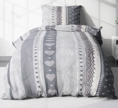 Produktbild von 2-teilige Seersucker Bettwäsche 155x220cm und 80x80cm - Love Liebe Herzen Anthrazit, Geschenkidee für Partner - Bettgarnitur aus 100% Baumwolle, bügelfrei, Übergröße, (386-2-S)