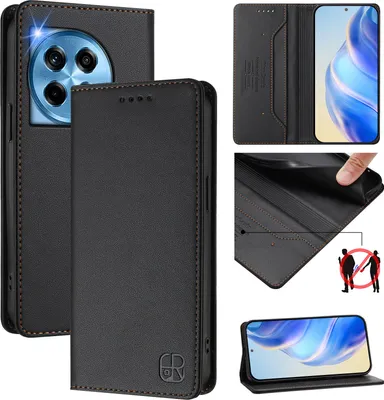 Obrázek produktu pro Kožené pouzdro pro OnePlus 12, flipové pouzdro s přihrádkami na karty, peněženkou a stojánkem Černý