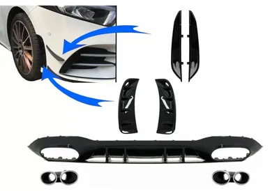 Productafbeelding van Diffuser voor Mercedes A-klasse V177 Limousine, modeljaren 18-22, chroom, uitlaat, voorzijde, zijdelingse openingen, kleppen, vinnetjes.