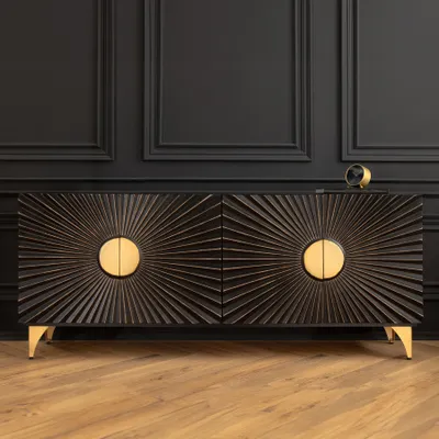 Produktbild von riess-ambiente Massives Sideboard Solaria 180cm schwarz gold Mangoholz 3D-Design Kommode Anrichte Schrank