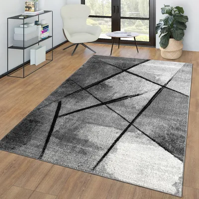 A modern living room with a rug, chair, and shelving unit.