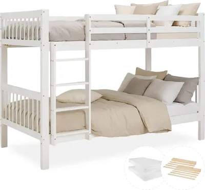 Image de Lit superposé 90x200 cm avec Matelas Blanc Lit mezzanine en Bois Lit enfant avec échelle Deux lits simples superposés