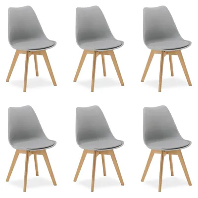 Productafbeelding van Grijze keukelstoelen, set van 6. Moderne houten eetkamerstoelen van kunststof. Schalenstoelen, houten stoelen voor de eetkamer