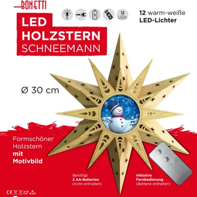 Produktbild von LED Holzstern Ø 30 cm mit Schneemann Motiv + Fernbedienung Kabellos Fensterstern