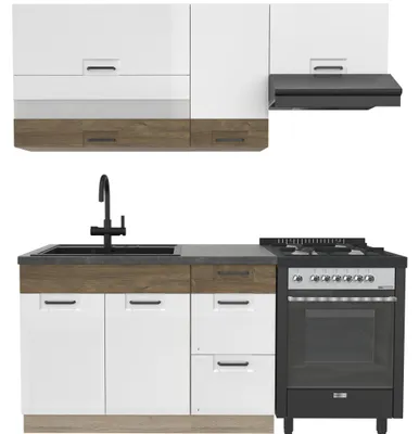 Produktbild von Küchenzeile 180 cm - FAVORIT E - Arbeitsplatte Dunkelbraun - Weiß Hochglanz - Sonoma Eiche - Singleküche ohne Geräte - Metallbox Schubladen