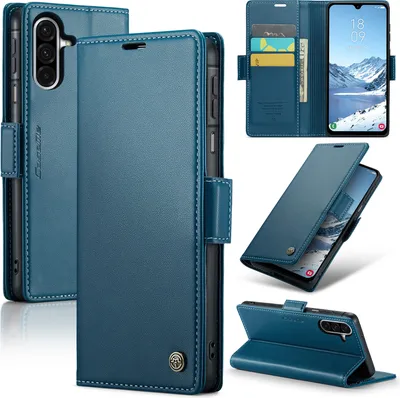 A collage of images showcasing a blue leather wallet case for a Samsung Galaxy A26 phone, displaying its features like card slots and stand function.
