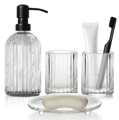 Image de Ensemble de 4 accessoires de salle de bain en verre transparent : distributeur de savon, pot à brosses, support pour savon et récipient
