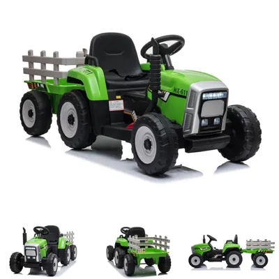 Produktbild von ES-Toys Kinder Elektrotraktor Anhänger 2 Elektro Motoren MP3 Rückwärtsgang 30 kg grün