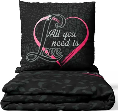 Produktbild von Bettwäsche 155x220 + 80x80 cm schwarz pink Herz Love mit Reißverschluss, 4-tlg