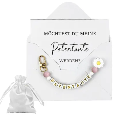 Immagine prodotto di Set regalo per il battesimo: portachiavi, biglietto di auguri, sacchetto per gioielli personalizzabile, confezione regalo per la madrina