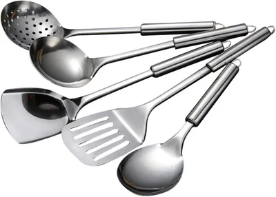 Produktbild von Küchenutensilien Set, Edelstahl, 5 Teile, Suppenkelle, Reislöffel, Spatel, Sieb, für Kochen