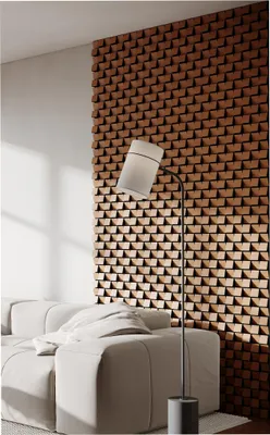 Produktbild von 18er-Pack – Akustische Lamellenwandstreifen ZARINA | Nahtloses 3D-Mosaik-Wandpuzzle | Dekorativer Holz(HDF)-Diffusor | Farbe: Kirsche