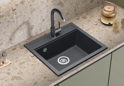 Produktbild von Helika® Granitspüle QUADRO 56 x 51 cm in Grafit inkl. Chromventil und Siphon, Einbau