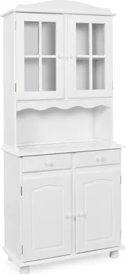 A white wooden corner hutch with glass doors on the top cabinet and two drawers and two cabinet doors on the bottom.