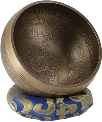 Produktbild von Handgearbeitete Gravierte Klangschale mit Klöppel & Kissen - Ø 11 cm Modell 17, Braun, Bronze, Klangschalen