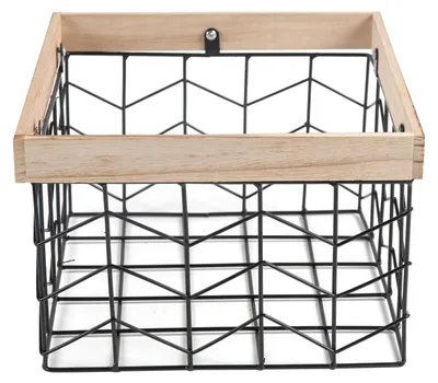 Produktbild von Metallkorb BOHAI 3er Set schwarz - Drahtkorb, Aufbewahrungskorb mit Holzrahmen, stapelbar, Dekokörbe, Bad, Kleiderschrank, Organizer