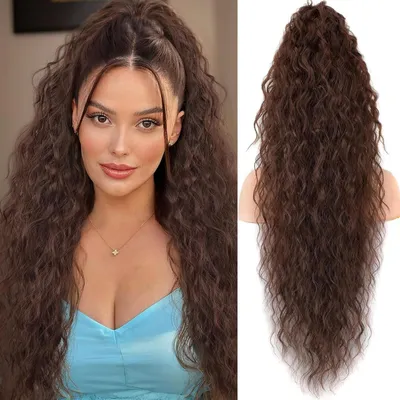 Image de Pièce de cheveux queue de cheval avec clip, longue, ondulée et bouclée, 75 cm, couleur marron