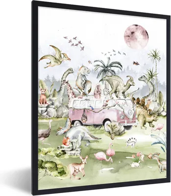 Produktbild von MuchoWow® Gerahmtes Poster Dinosaurier - Kinder - Bus - Bäume - Tiere - Kinder 30x40 cm - Poster mit Schwarzem Bilderrahmen Wandposter Rahmen Foto Bilder - Wanddeko - Kunstdrucke