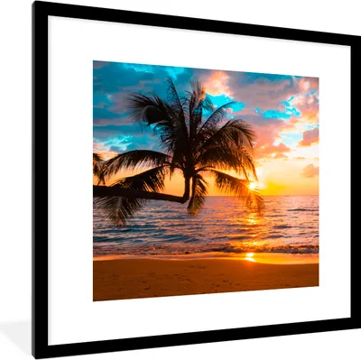 Produktbild von MuchoWow® Gerahmtes Poster Palme - Sonnenuntergang - Horizont - Strand - Meer - Tropisch 40x40 cm - Poster mit Schwarzem Bilderrahmen Wandposter Rahmen Foto Bilder - Poster - Plakat im Rahmen