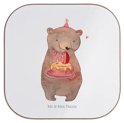Produktbild von Mr. & Mrs. Panda Untersetzer für Gläser Bär Torte 40. Geburtstag - Weiß - Geschenk, Tischuntersetzer, Coaster, Glas, Happy Birthday, gläseruntersetzer, Party, Kuchen