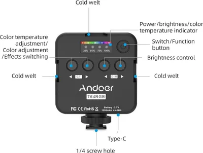 Zdjęcie produktu dla ANDOER T64RGB Kieszonkowa lampa LED, mini lampa wideo, fotografia RGB, 2500 K-9000 K ± 200 K, temperatura barwowa CRI≥95 z 65 diodami, 3 uchwyty do transmisji na żywo, domowe studio, zastosowanie komercyjne