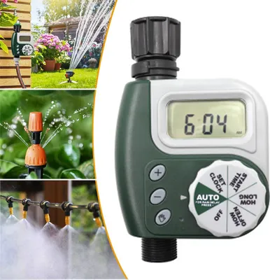 A collage of images showing a digital water timer and various irrigation systems in use.